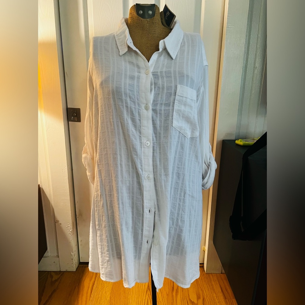 White Button-Front Lightweight Gauze Tunic Shirt